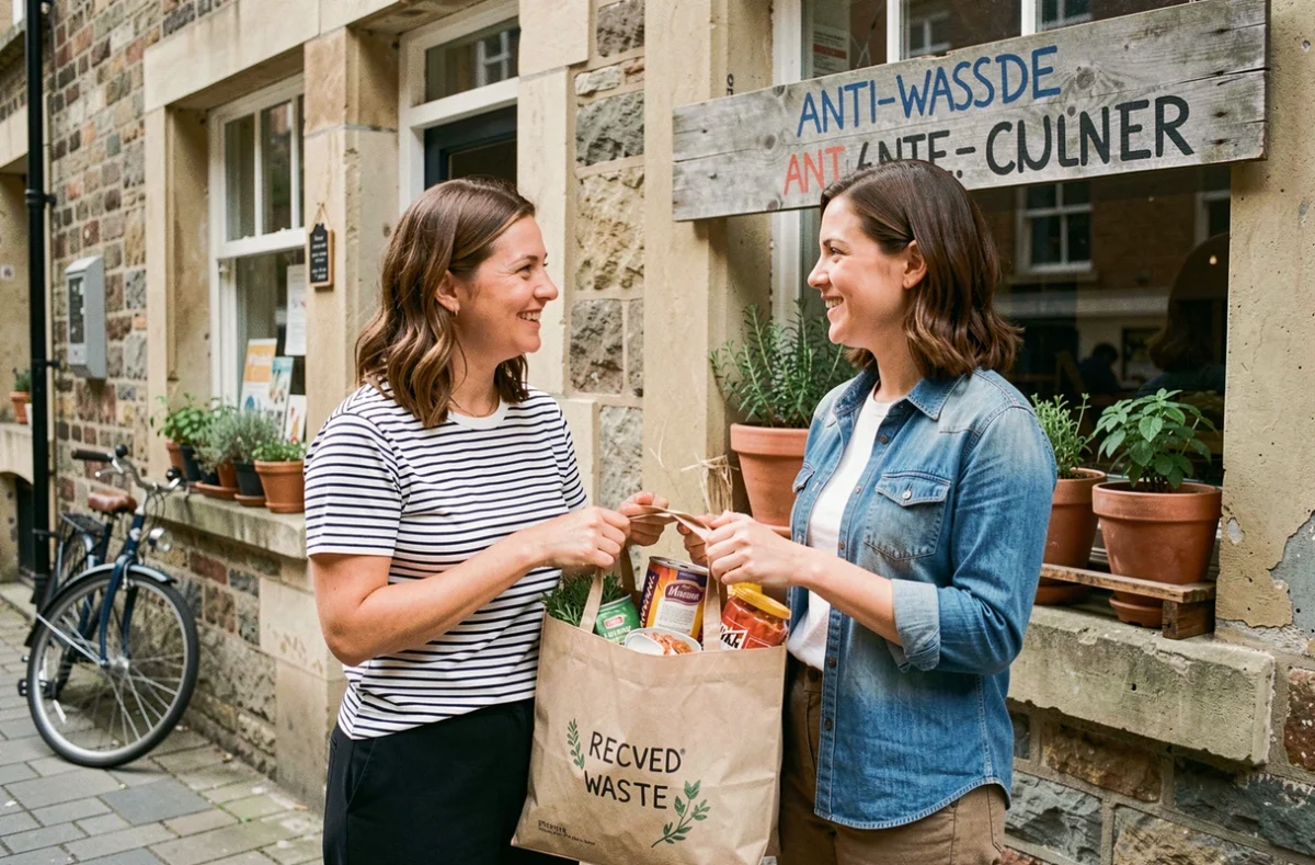 Deux amies souriantes devant un magasin anti-gaspillage tenant un sac réutilisable plein de produits récupérés