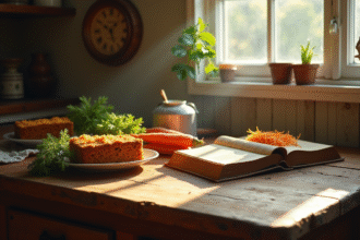 Table en bois ancienne avec gâteau aux carottes vintage