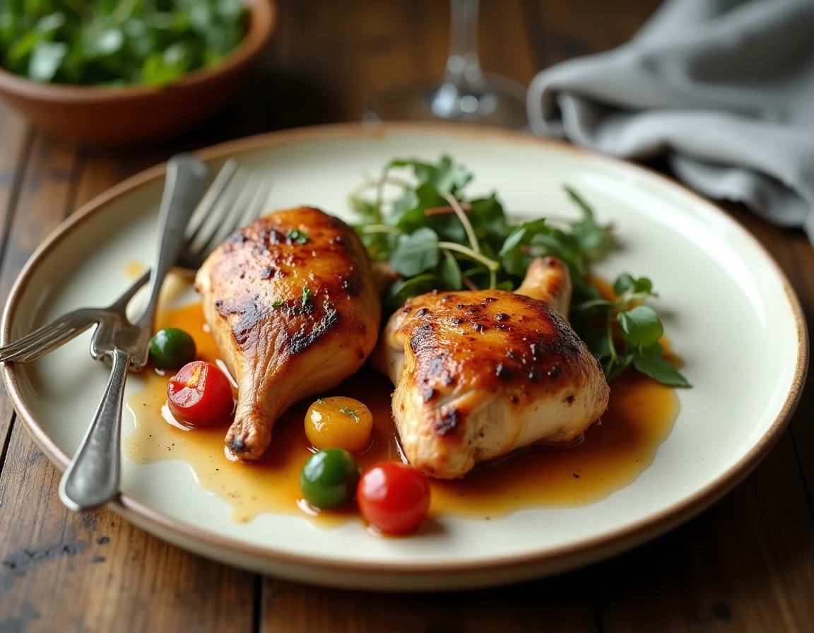Assiette de cuisses de poulet fondantes au Cookeo servies avec légumes et sauce dorée