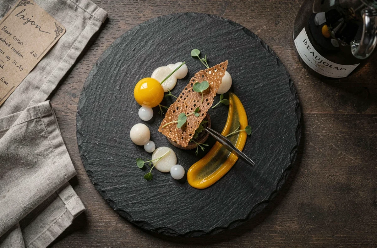 Assiette gastronomique déconstructurée inspirée de la cuisine lyonnaise traditionnelle servie dans un restaurant innovant de Lyon