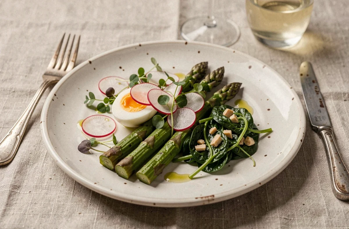 Assiette de menu printanier avec asperges rôties, épinards sautés et radis frais, dressée sur une nappe en lin avec couverts et verre de vin blanc en arrière-plan flou