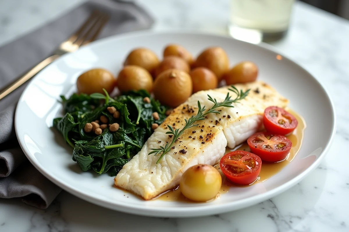Assiette de poisson blanc cuit au four avec légumes méditerranéens rôtis servie sur une table en marbre blanc