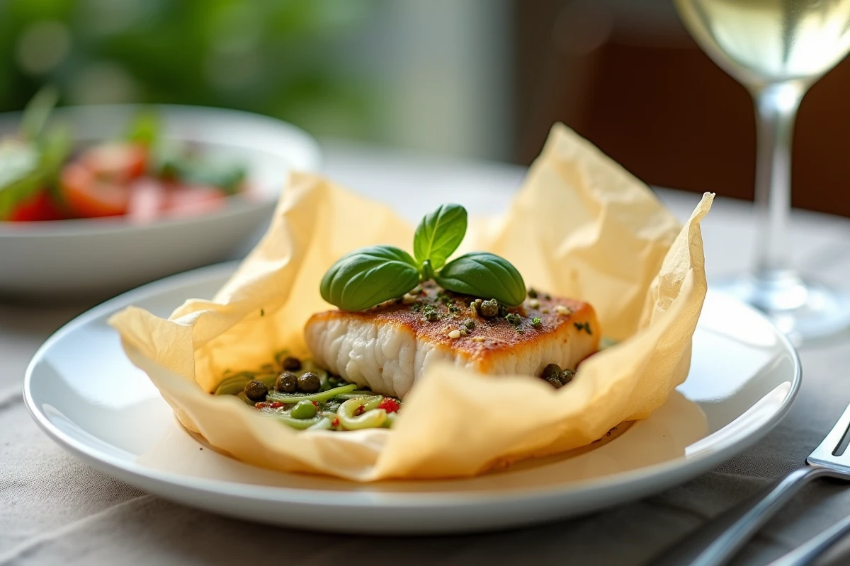 Assiette de cabillaud en papillote ouvert servi avec légumes julienne et basilic frais sur nappe en lin