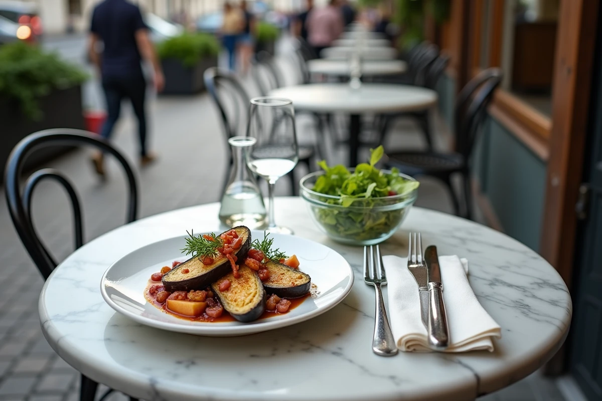 Plat d'aubergines bistrot et salade verte fraîche sur une table en marbre d'une terrasse de café parisien en extérieur
