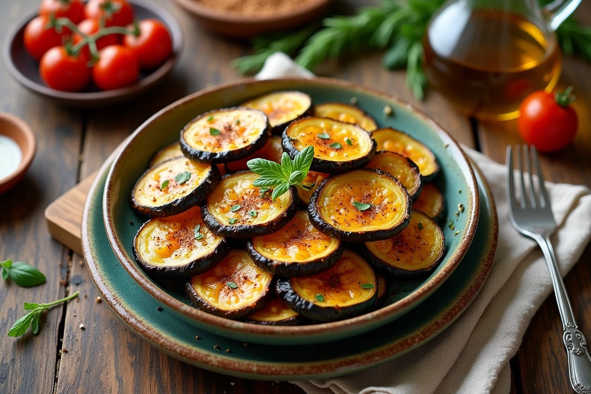 Aubergines croustifondantes sur une assiette en céramique avec herbes
