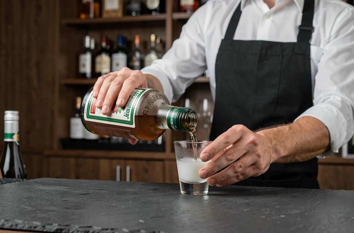Barman versant du Jägermeister froid dans un verre shot au comptoir d'un bar moderne