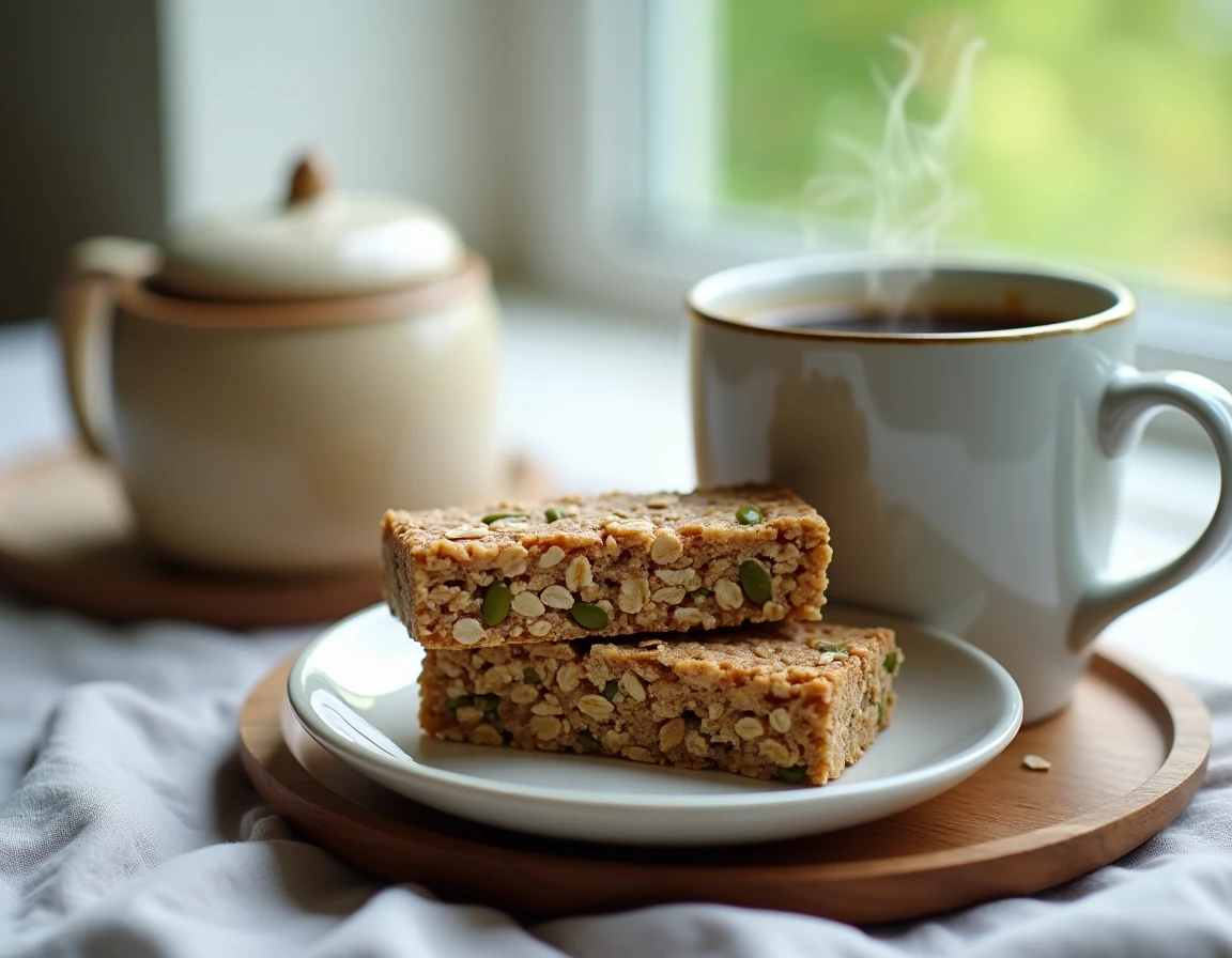 Barre de céréales maison aux flocons d'avoine cassée en deux sur une assiette céramique avec un café lors d'un petit-déjeuner de semaine