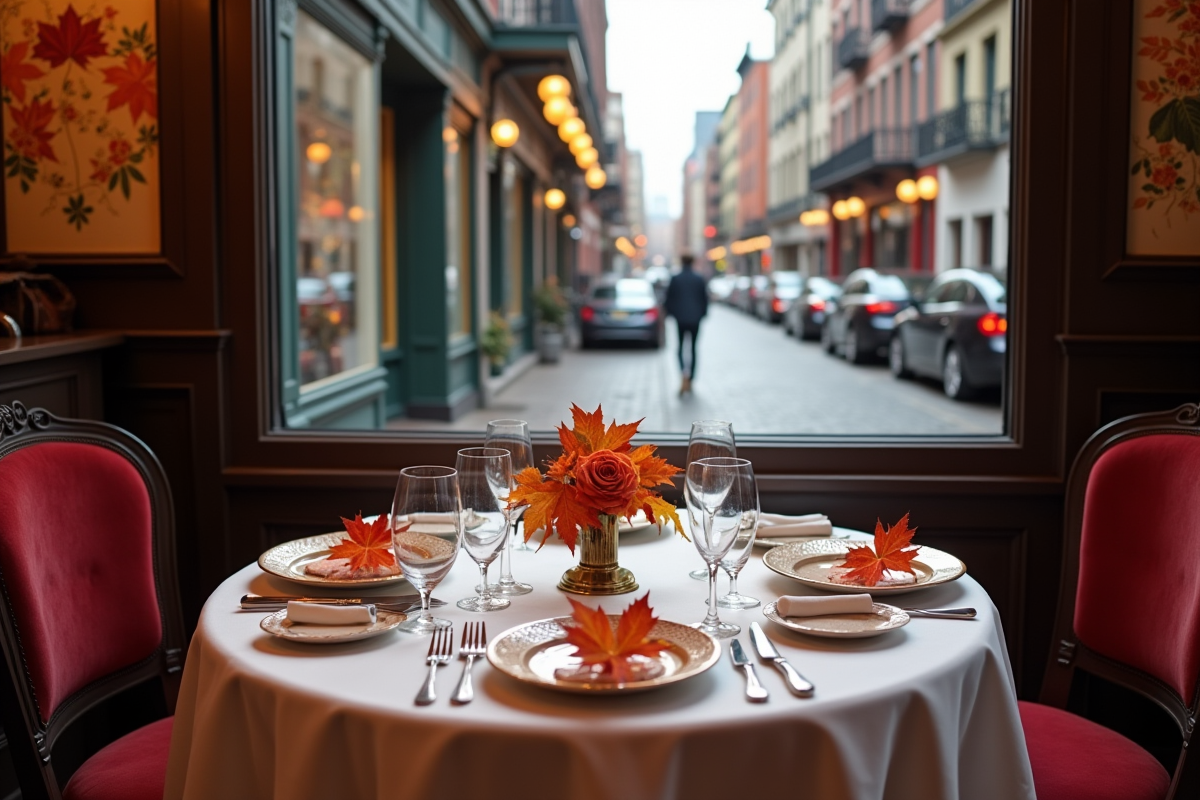 Table élégante dans un bistro de Montreal avec plats français et feuilles d