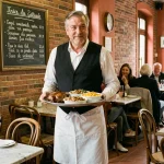 Intérieur authentique d'un bistrot traditionnel toulousain avec serveur portant des plats régionaux comme le cassoulet