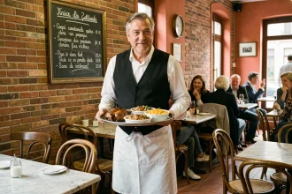 Intérieur authentique d'un bistrot traditionnel toulousain avec serveur portant des plats régionaux comme le cassoulet