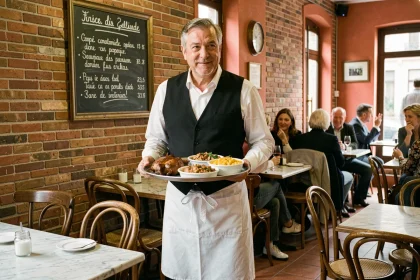 Intérieur authentique d'un bistrot traditionnel toulousain avec serveur portant des plats régionaux comme le cassoulet