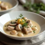 Blanquette de veau crémeuse servie pour deux personnes dans un bol en céramique blanche avec oignons grelots et champignons