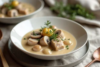 Blanquette de veau crémeuse servie pour deux personnes dans un bol en céramique blanche avec oignons grelots et champignons
