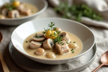 Blanquette de veau crémeuse servie pour deux personnes dans un bol en céramique blanche avec oignons grelots et champignons