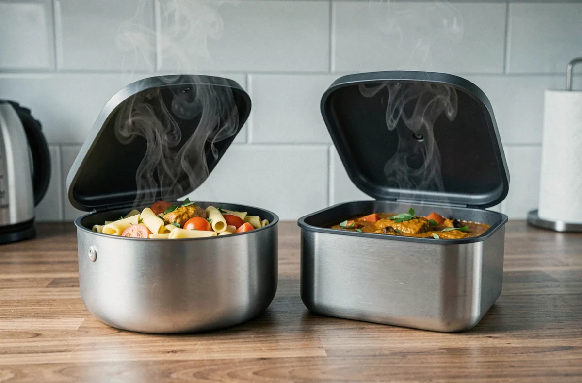 Deux boîtes repas isothermes ouvertes sur le comptoir d'une cuisine de bureau avec des repas chauds