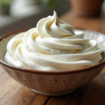 Bol de creme chantilly sur table en bois rustique