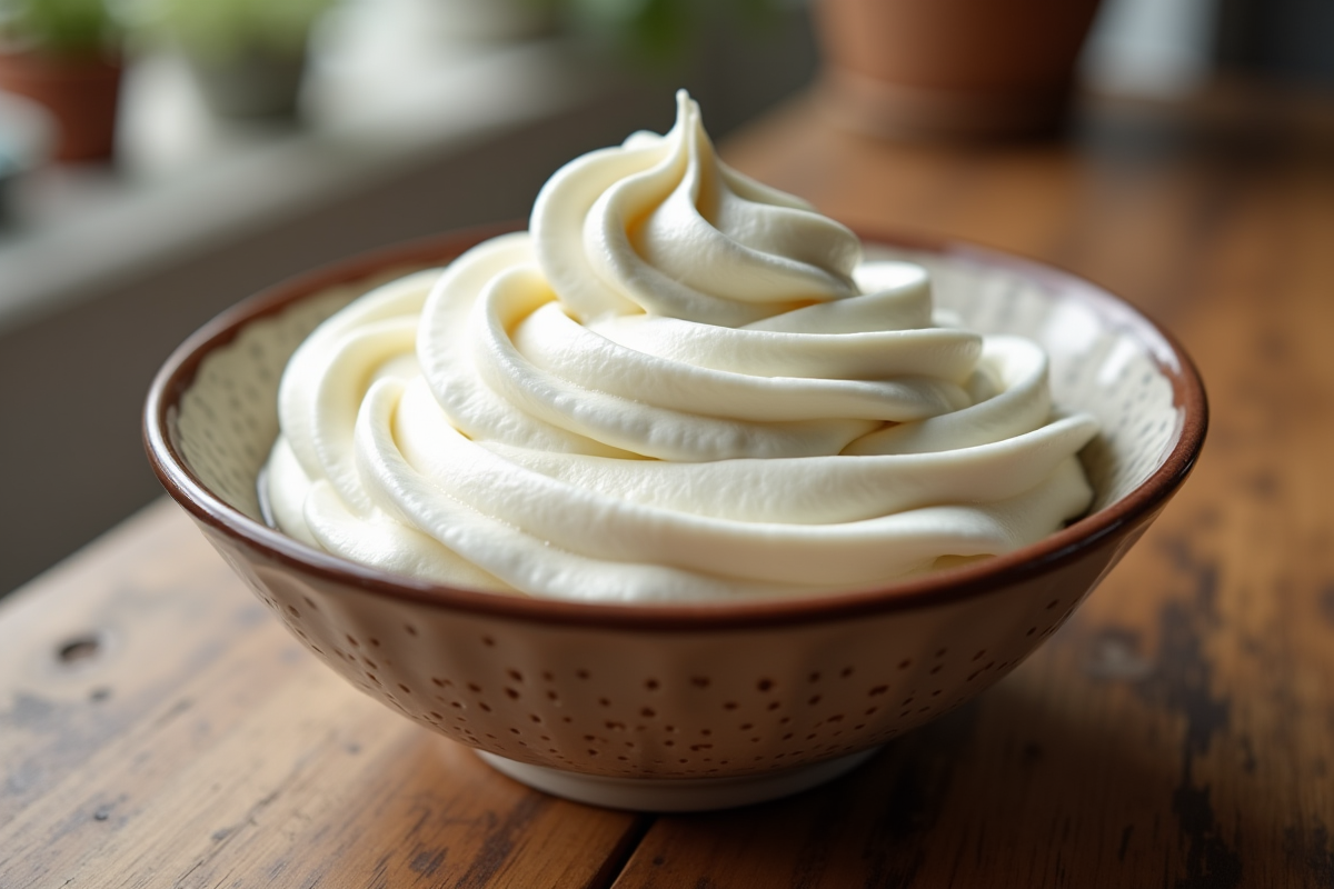 Bol de creme chantilly sur table en bois rustique