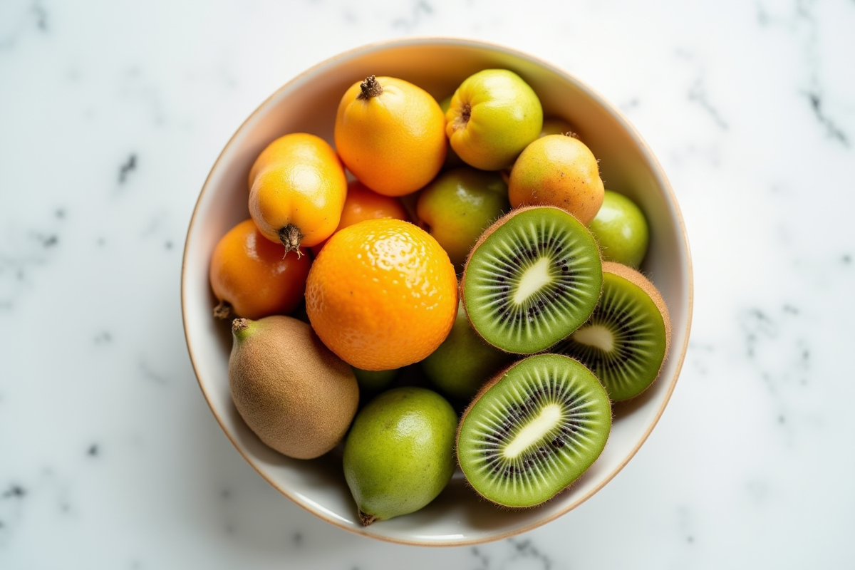 Bol de fruits variés dont kiwi kumquat et kakadu