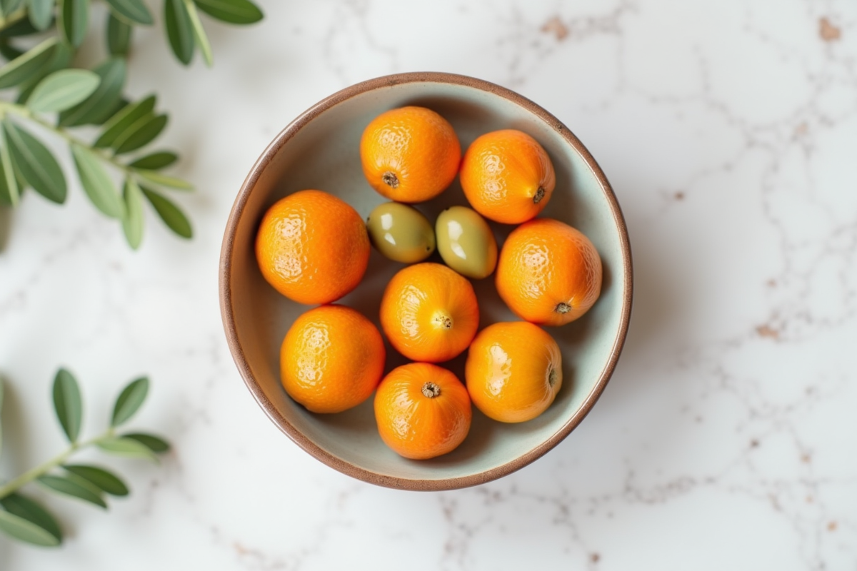 Bol de fruits oranges olives et kumquats en cuisine moderne