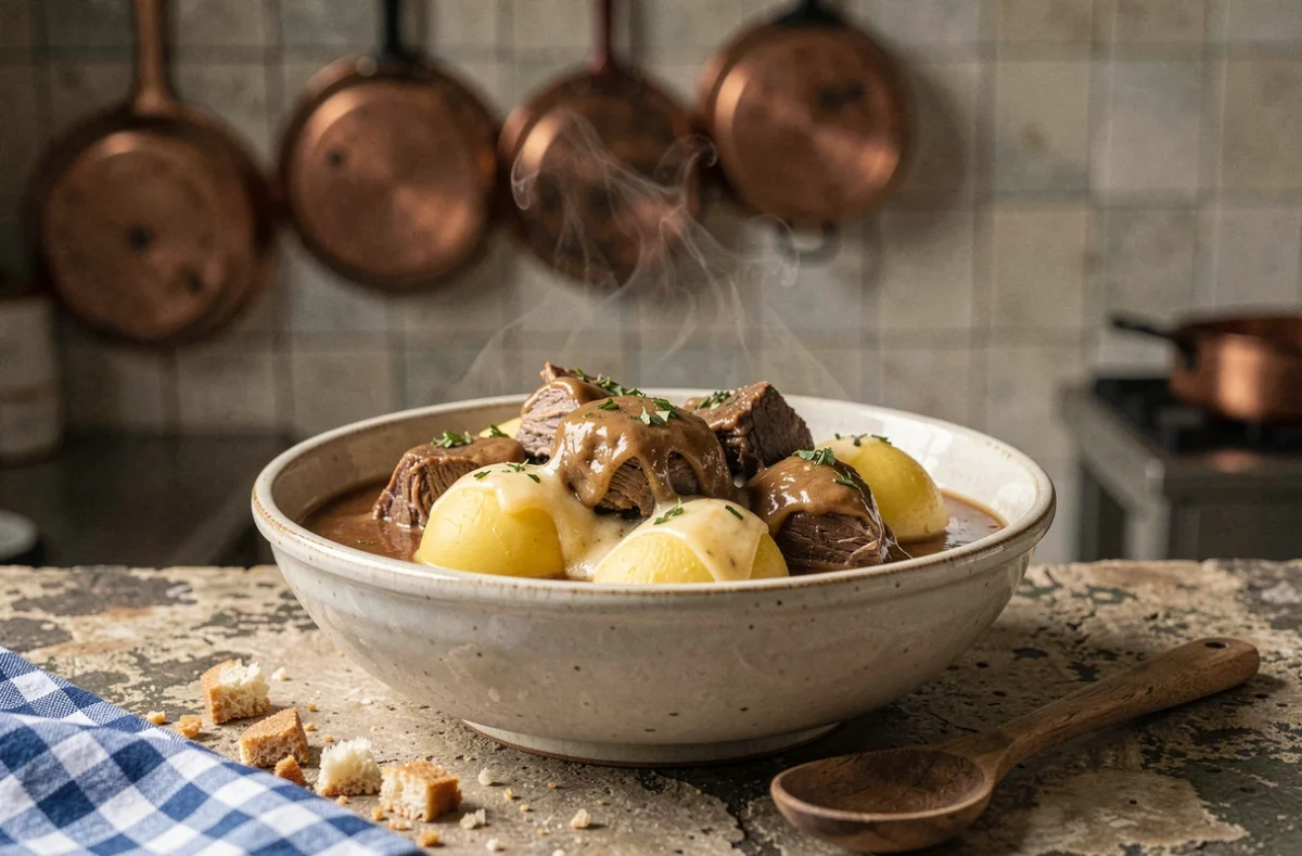 Bol en céramique de ragoût d'agneau mijoté avec pommes de terre fondantes et sauce dorée dans une ambiance cuisine bistrot française