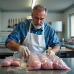 Boucher français scellant des testicules d'agneau dans un sac plastique