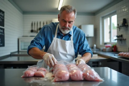 Boucher français scellant des testicules d'agneau dans un sac plastique