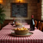 Table d'un bouchon lyonnais avec nappe vichy rouge et blanc, pot de quenelles au gratin et carafe de Beaujolais