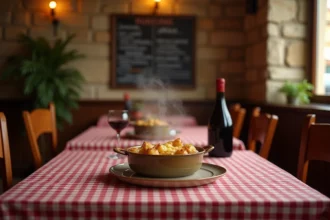 Table d'un bouchon lyonnais avec nappe vichy rouge et blanc, pot de quenelles au gratin et carafe de Beaujolais