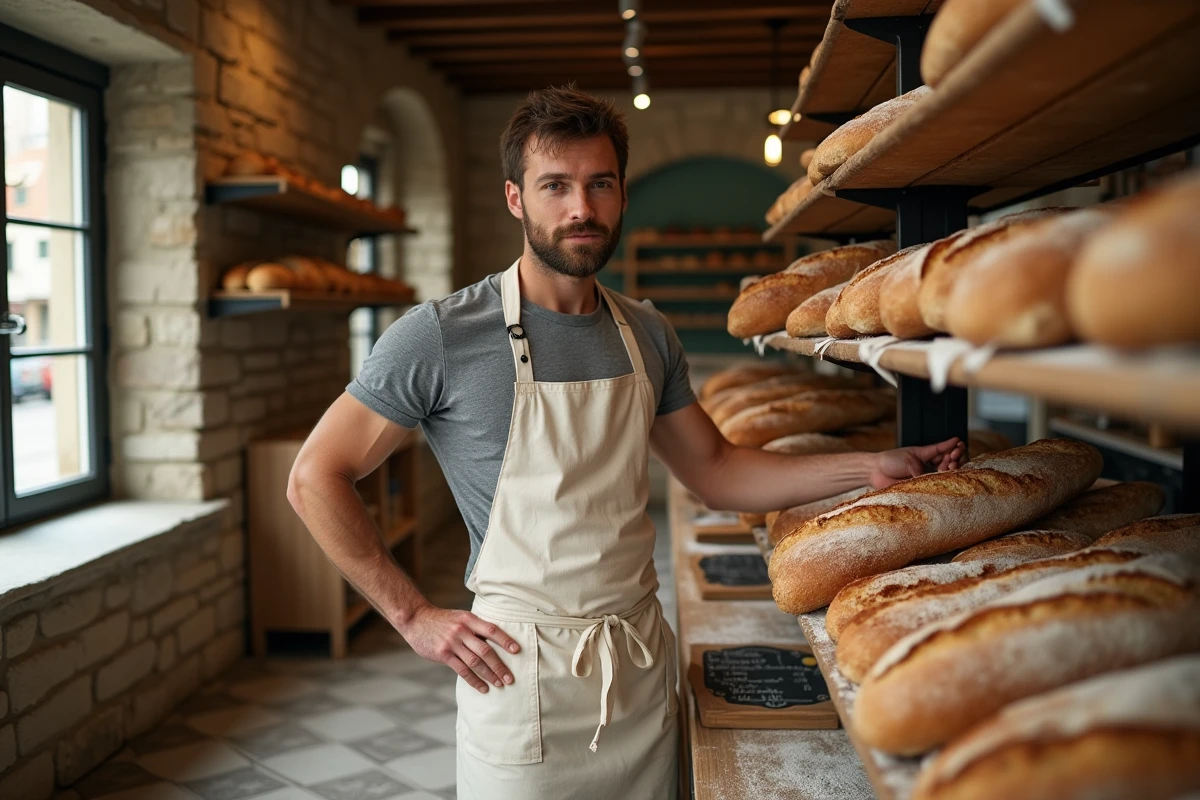Boulanger arrangeant des baguettes fraîches sur un présentoir en bois avec étiquettes de prix en craie