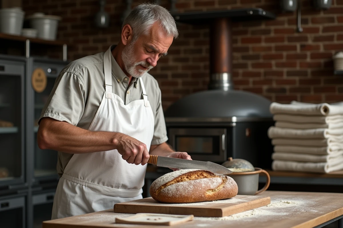 Boulanger artisan coupant un pain de seigle dense dans une boulangerie professionnelle avec un tablier fariné