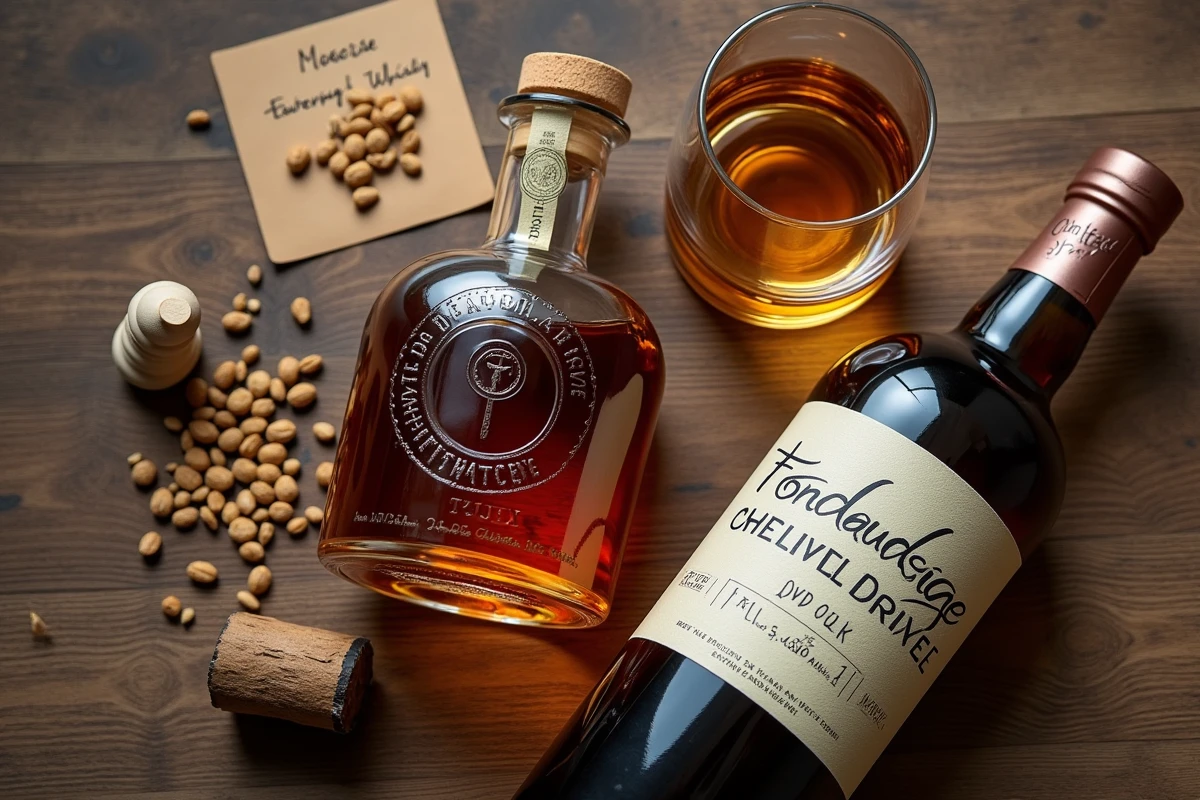 Bouteille de whisky Fondaudège pur malt avec verre de dégustation et grains d'orge sur une table en bois brut