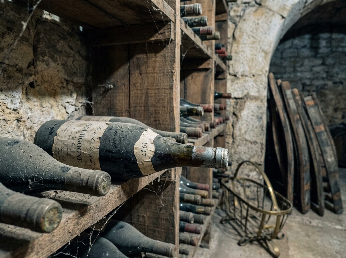 Bouteille de grand bourgogne vieillie dans une cave à vin en pierre traditionnelle de Côte-d'Or