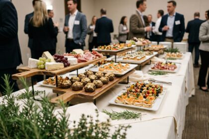 Buffet gourmand professionnel élégamment dressé avec charcuterie, fromages et canapés pour un événement d'entreprise