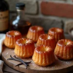 Canelés bordelais maison posés sur une planche en bois rustique avec une bouteille de rhum ambré et des gousses de vanille