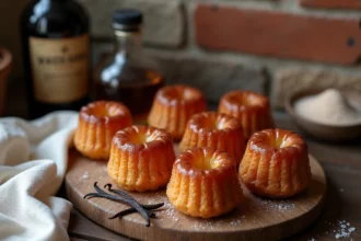 Canelés bordelais maison posés sur une planche en bois rustique avec une bouteille de rhum ambré et des gousses de vanille