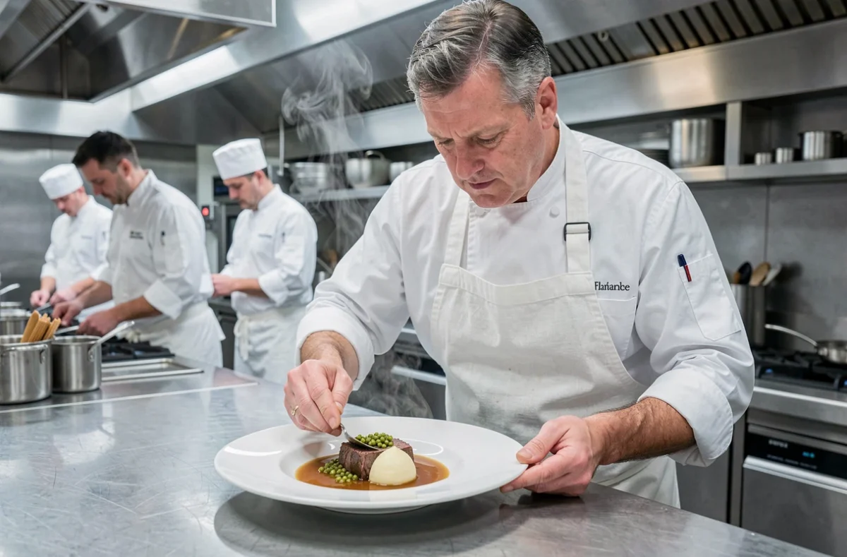Chef dressant une carbonnade flamande revisitée dans une assiette moderne au restaurant, version gastronomique du plat ch'ti