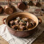 Carbonnade flamande traditionnelle mijotée dans une cocotte en céramique rustique sur une table en chêne dans une cuisine ch'ti