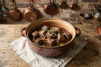 Carbonnade flamande traditionnelle mijotée dans une cocotte en céramique rustique sur une table en chêne dans une cuisine ch'ti