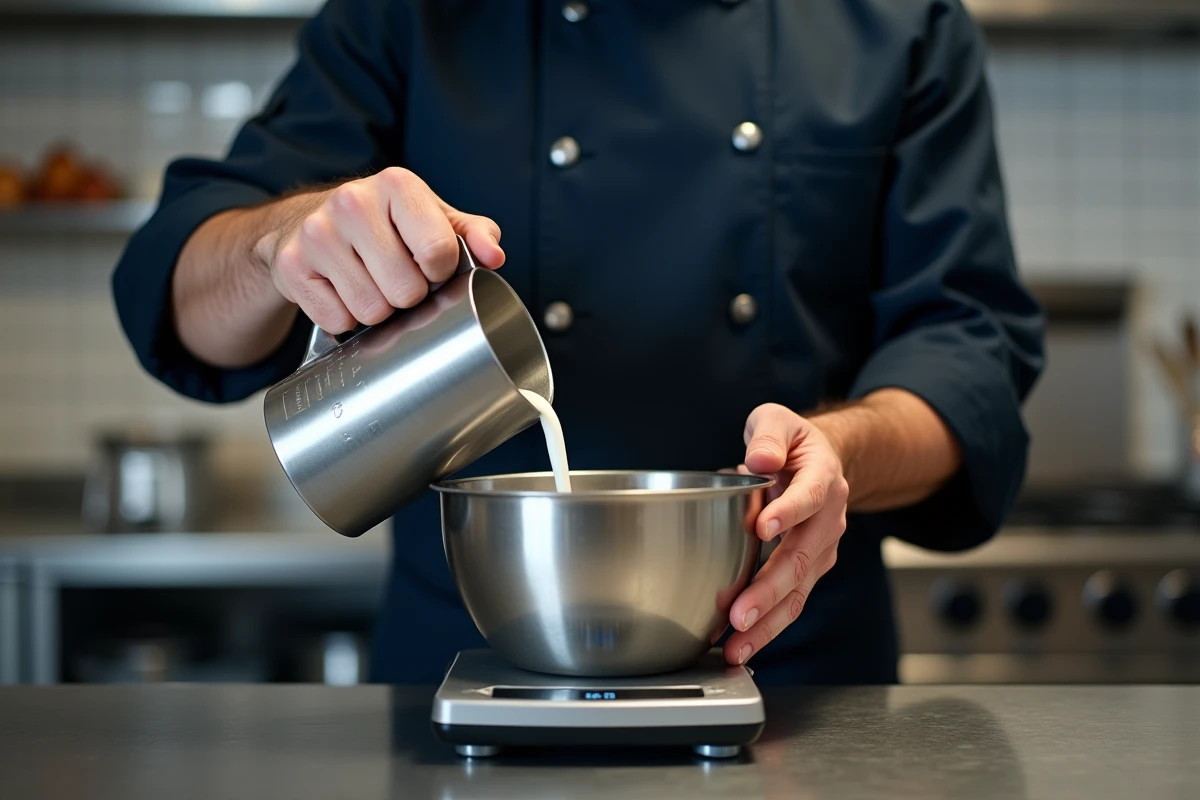 Chef versant du lait dans un bol sur une balance numérique pour convertir des grammes en centilitres
