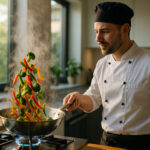 Chef en cuisine moderne préparant un stirfry de légumes
