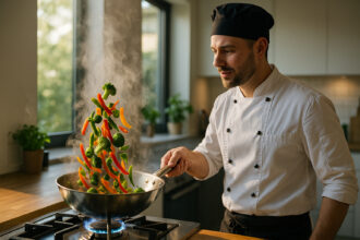 Chef en cuisine moderne préparant un stirfry de légumes