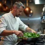 Chef professionnel faisant sauter des épinards frais dans une poêle en inox dans une cuisine de restaurant