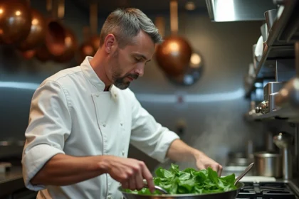 Chef professionnel faisant sauter des épinards frais dans une poêle en inox dans une cuisine de restaurant