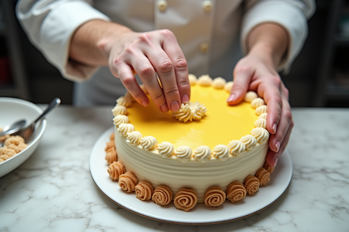 Chef décorant un gâteau aux gavottes dans une cuisine lumineuse