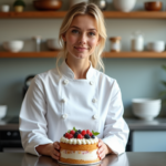 Femme en chef décorant un gâteau avec des fruits frais