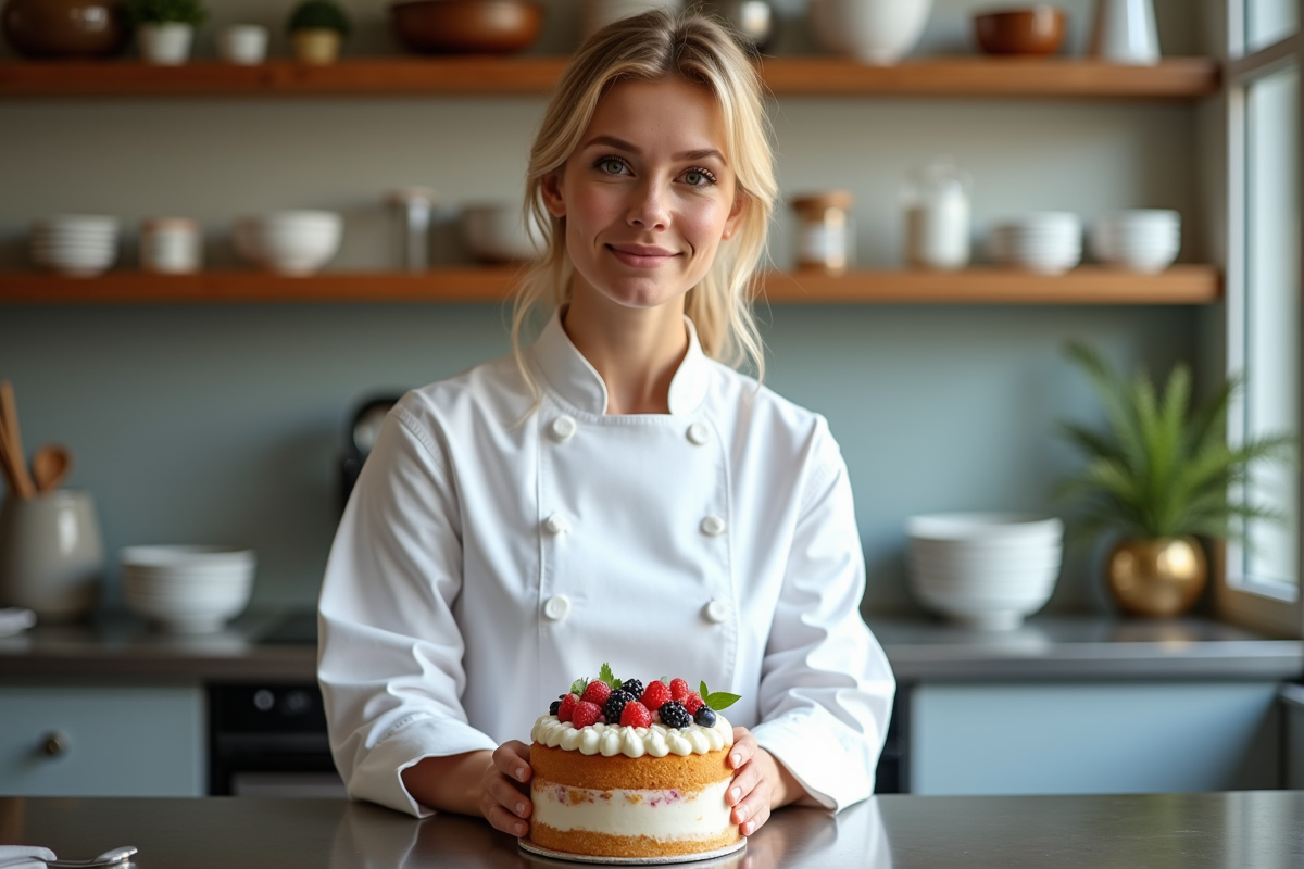 Femme en chef décorant un gâteau avec des fruits frais