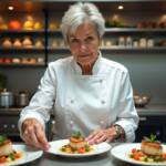 Chef femme en action dressant des coquilles Saint-Jacques