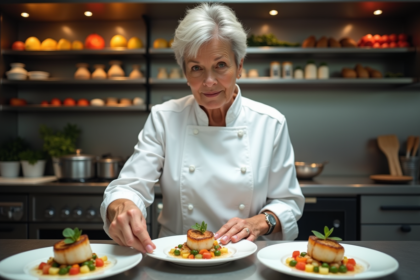 Chef femme en action dressant des coquilles Saint-Jacques