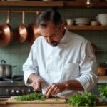 Chef français coupant des herbes fraîches dans la cuisine