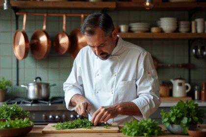 Chef français coupant des herbes fraîches dans la cuisine